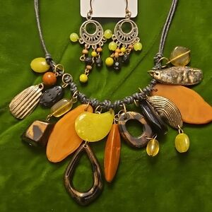 Bohemian Mixed-Stone Statement 15-18" Necklace & Earring Set - Green and Orange